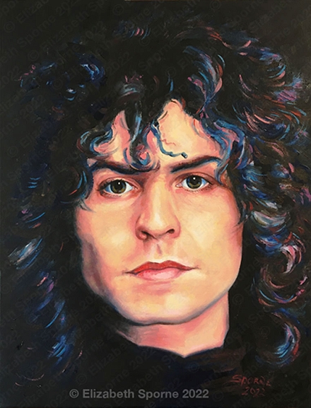 Portrait of Marc Bolan (Music Icons series), by Elizabeth Sporne, oil on canvas 18x24in