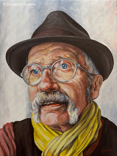 Portrait by Elizabeth Sporne, acrylic on 18x24in canvas