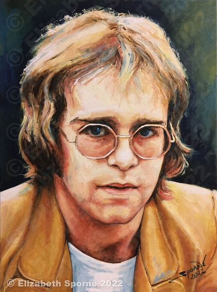 Portrait of Elton John (Music Icons series), by Elizabeth Sporne, oil on canvas 18x24in