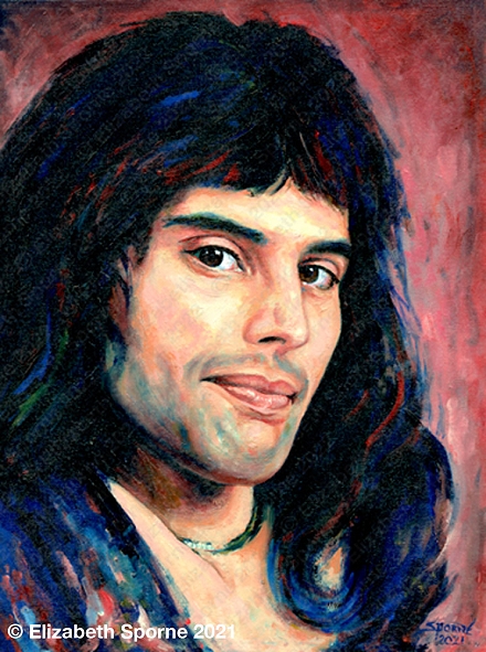 Portrait of Freddie Mercury (Music Icons series), by Elizabeth Sporne, oil on 12x16in canvas board