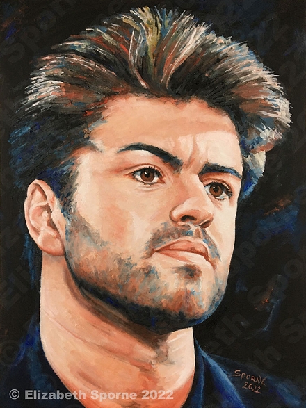 Portrait of George Michael (Music Icons series), by Elizabeth Sporne, oil on canvas 18x24in