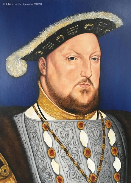'Henry VIII',  Tudor-style portrait in oils on 21½x30in oak panel by Elizabeth Sporne, based on a Holbein original, commissioned by and displayed at Athelhampton House in Dorset