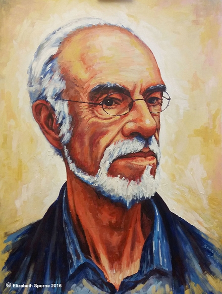 Portrait by Elizabeth Sporne, acrylic on 32x43in canvas