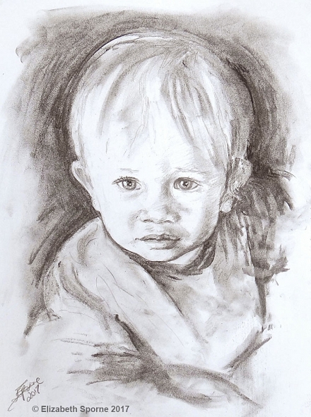 Portrait by Elizabeth Sporne, graphite/charcoal on A4 paper