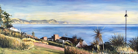 Lyme Bay from the Gardens, painted by Elizabeth Sporne, acrylic on canvas 12x31in/305x788mm