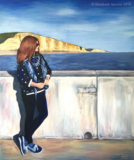 Location self-portrait on pier at West Bay, by Elizabeth Sporne, acrylic on 32x40in canvas