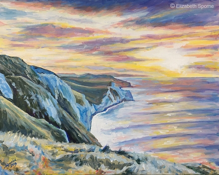Purbeck Dawn, painted by Elizabeth Sporne, acrylic on canvas 16x20in/406x508mm