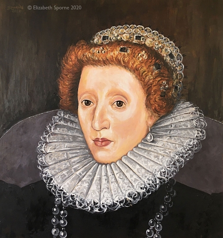 'Elizabeth I', Tudor-style portrait in oils on 17½x18½in oak panel by Elizabeth Sporne, based on a Metsys original, commissioned by and displayed at Athelhampton House in Dorset