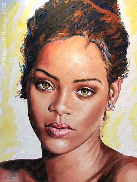 Portrait of Rihanna (Music Icons series), by Elizabeth Sporne, oil on canvas 18x24in