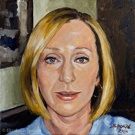 Portrait by Elizabeth Sporne, oil on 8x8in canvas