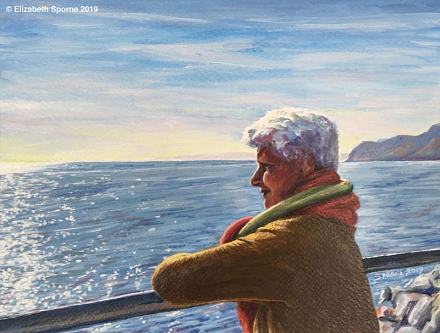 'Staring Out To Sea', location portrait at West Bay, by Elizabeth Sporne, acrylic on 8x10in textured paper